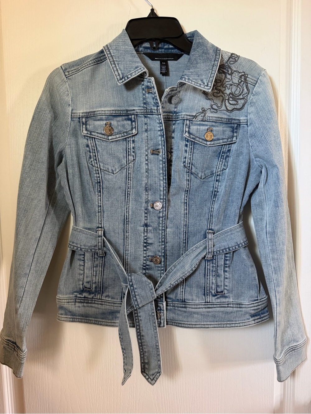 NWT White House Black Market Floral Embellished Belted Denim Jacket~ Size XS